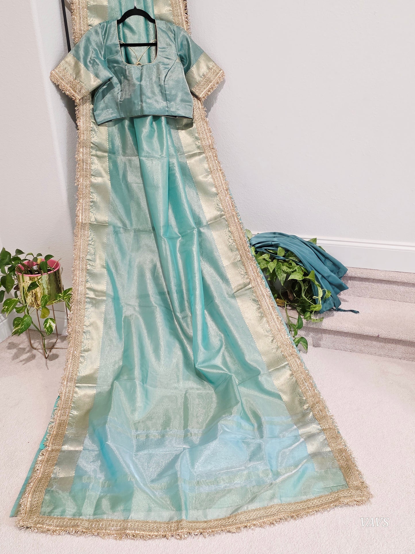 Maharani Style Sea Green Semi Tissue Saree with Stitched Blouse & Satin Petticoat