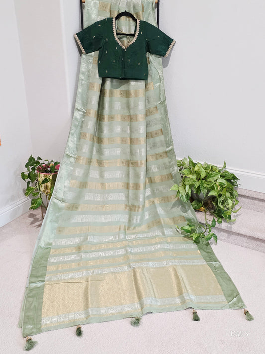 Nita Ambani Inspired Russian Dola Crepe Silk Saree with Ready Stitched Blouse | Mint Green