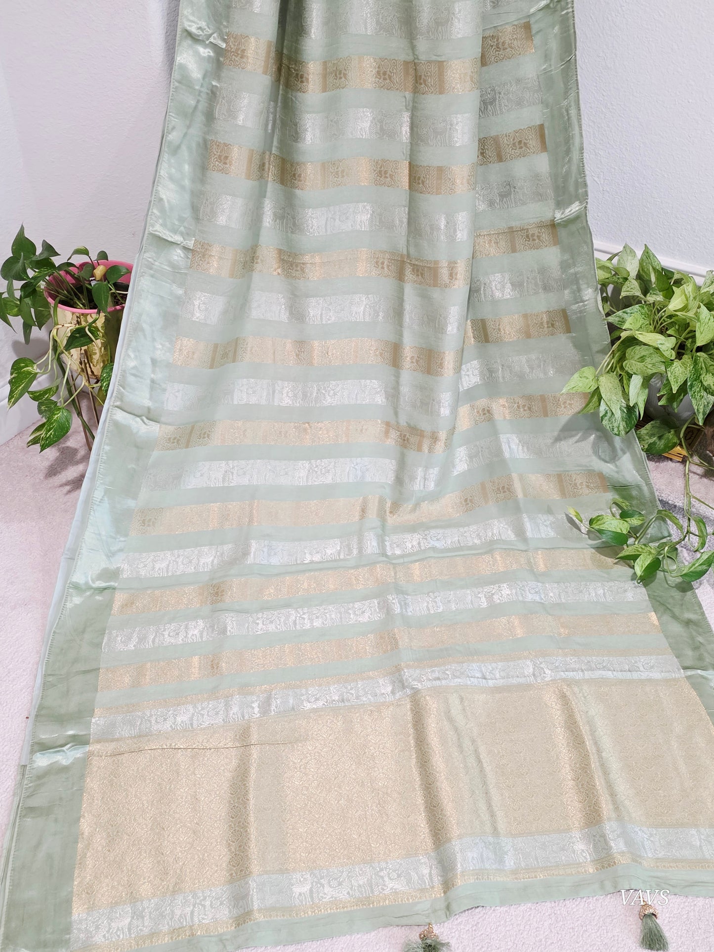 Nita Ambani Inspired Russian Dola Crepe Silk Saree with Ready Stitched Blouse | Mint Green
