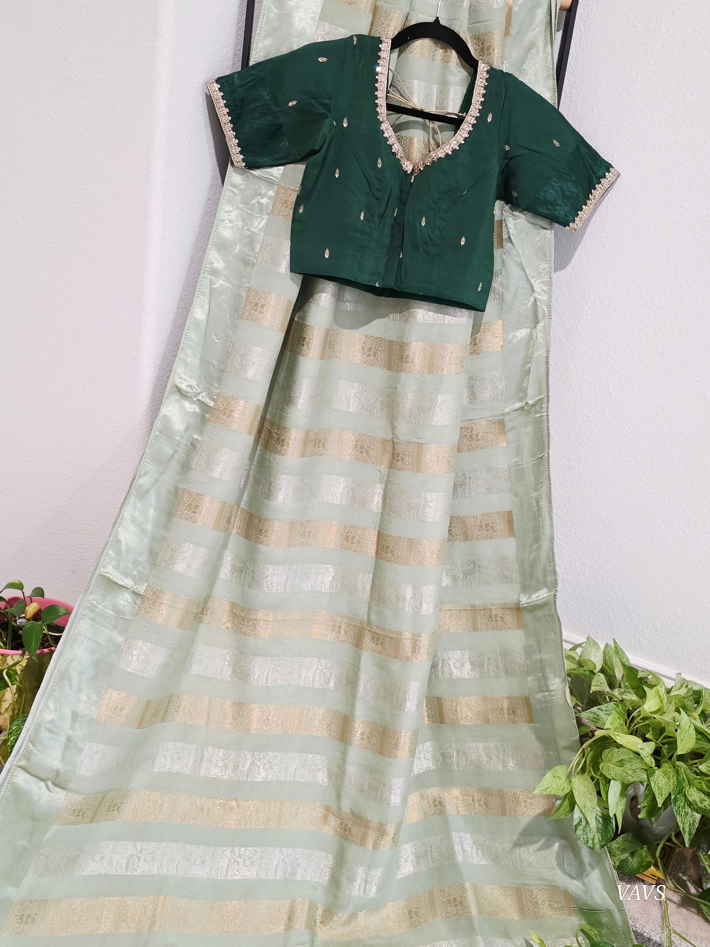 Nita Ambani Inspired Russian Dola Crepe Silk Saree with Ready Stitched Blouse | Mint Green