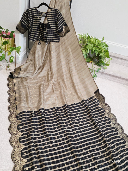 Half Saree Style Munga Benarasi Soft Silk Saree with Stitched Blouse Size 38 Extends To 44