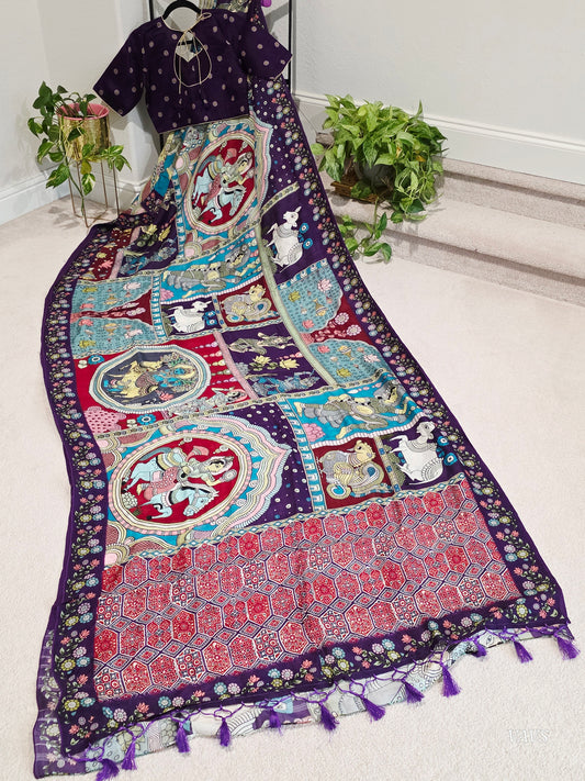 Kalamkari Print Tussar Raw Silk Style Saree with Stitched Blouse Size 40 extends to 46