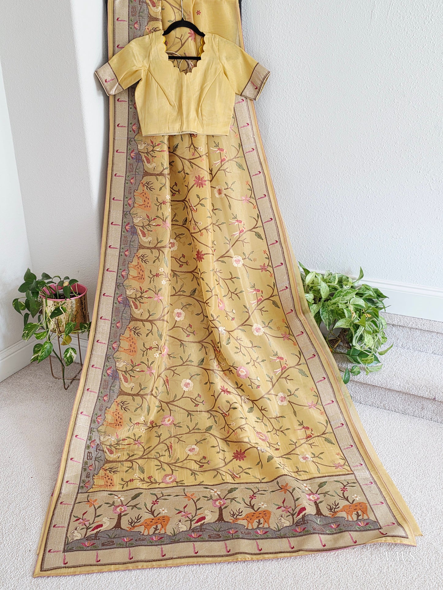 Soft 1g Tissue Saree in Light Mustard Yellow with Whimsical Forest Embroidery