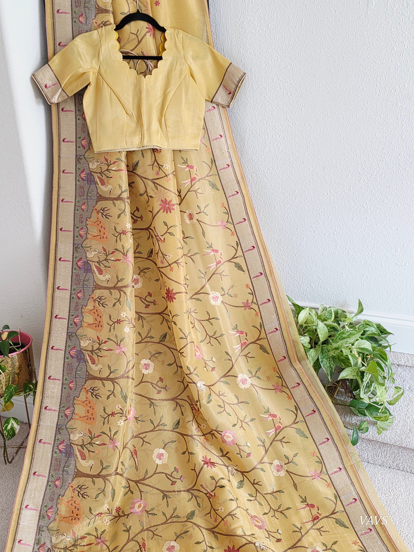 Soft 1g Tissue Saree in Light Mustard Yellow with Whimsical Forest Embroidery