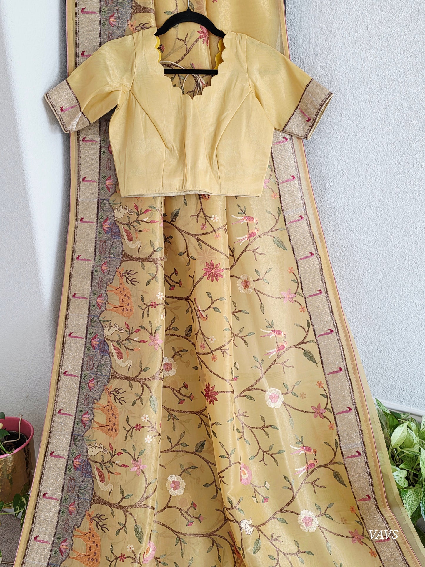 Soft 1g Tissue Saree in Light Mustard Yellow with Whimsical Forest Embroidery