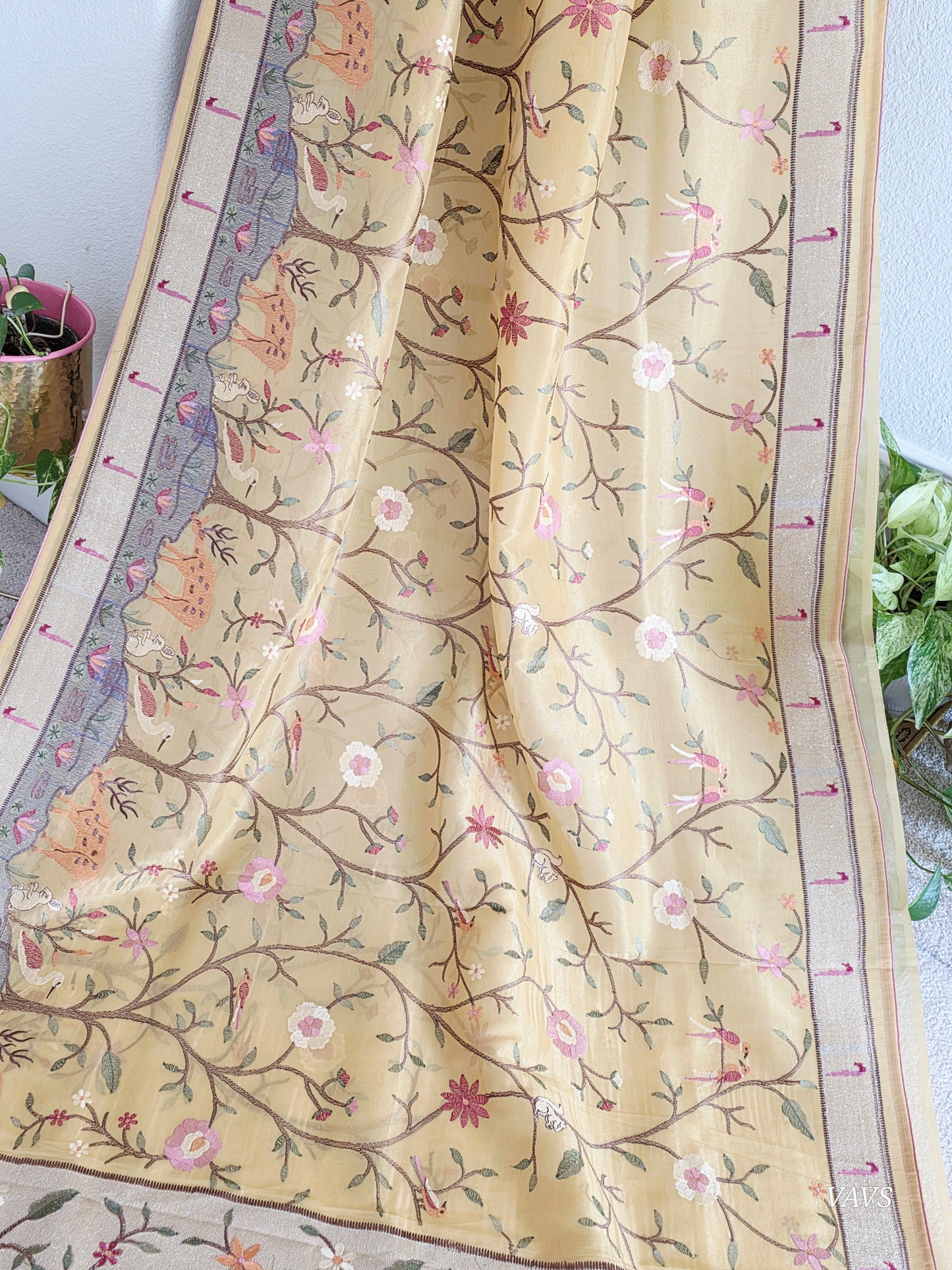 Soft 1g Tissue Saree in Light Mustard Yellow with Whimsical Forest Embroidery