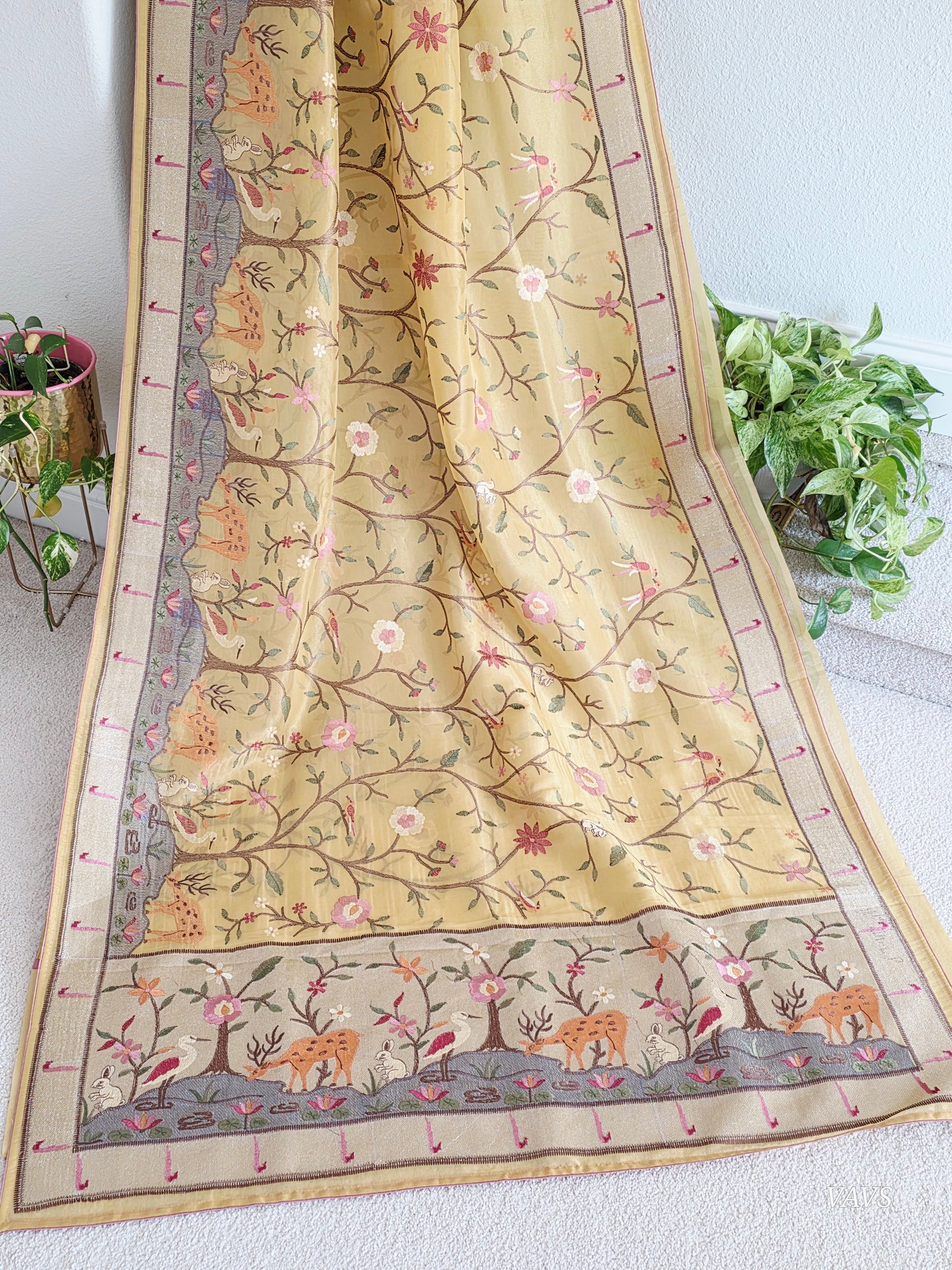 Soft 1g Tissue Saree in Light Mustard Yellow with Whimsical Forest Embroidery