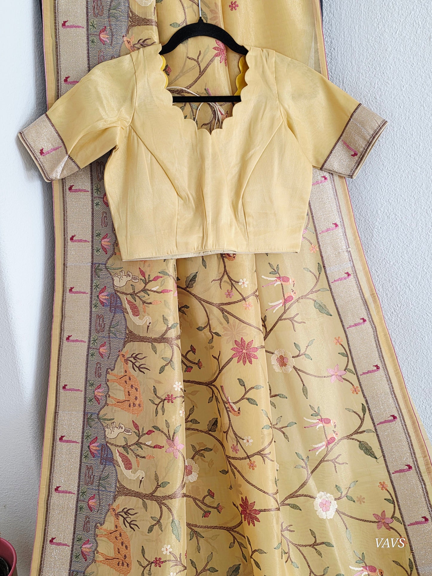 Soft 1g Tissue Saree in Light Mustard Yellow with Whimsical Forest Embroidery