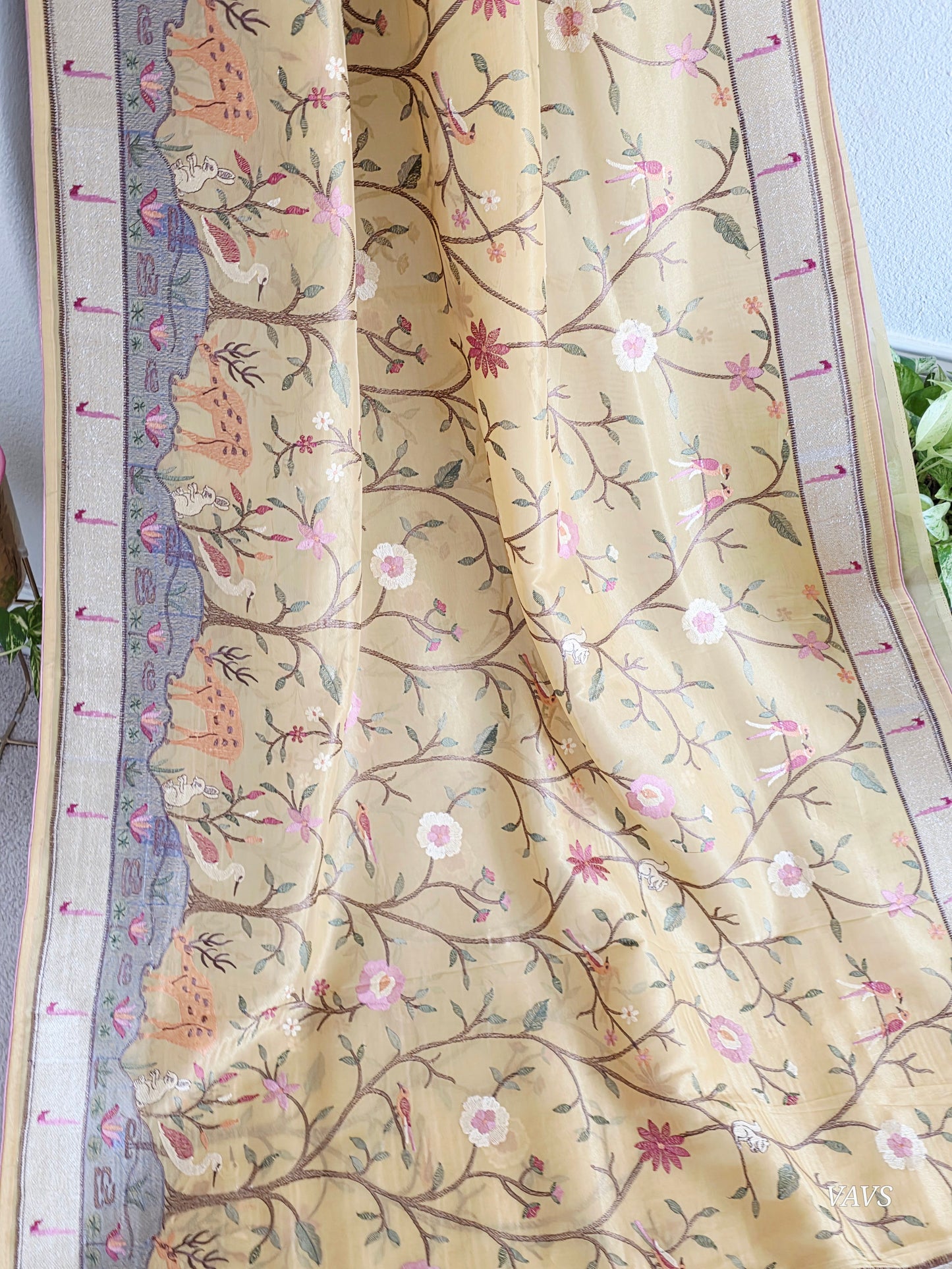 Soft 1g Tissue Saree in Light Mustard Yellow with Whimsical Forest Embroidery