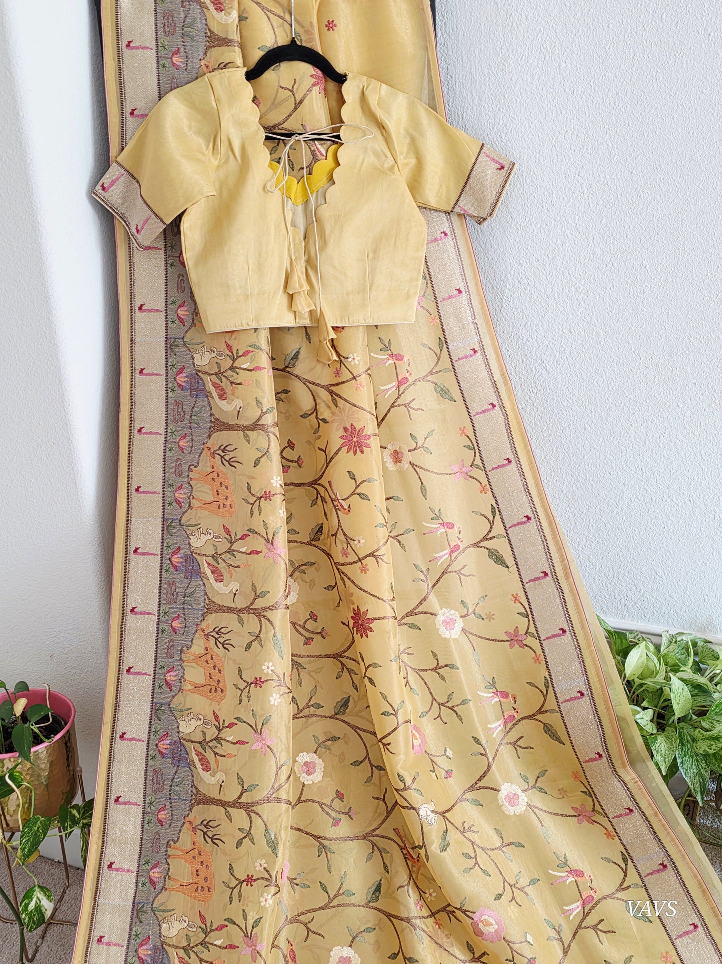 Soft 1g Tissue Saree in Light Mustard Yellow with Whimsical Forest Embroidery