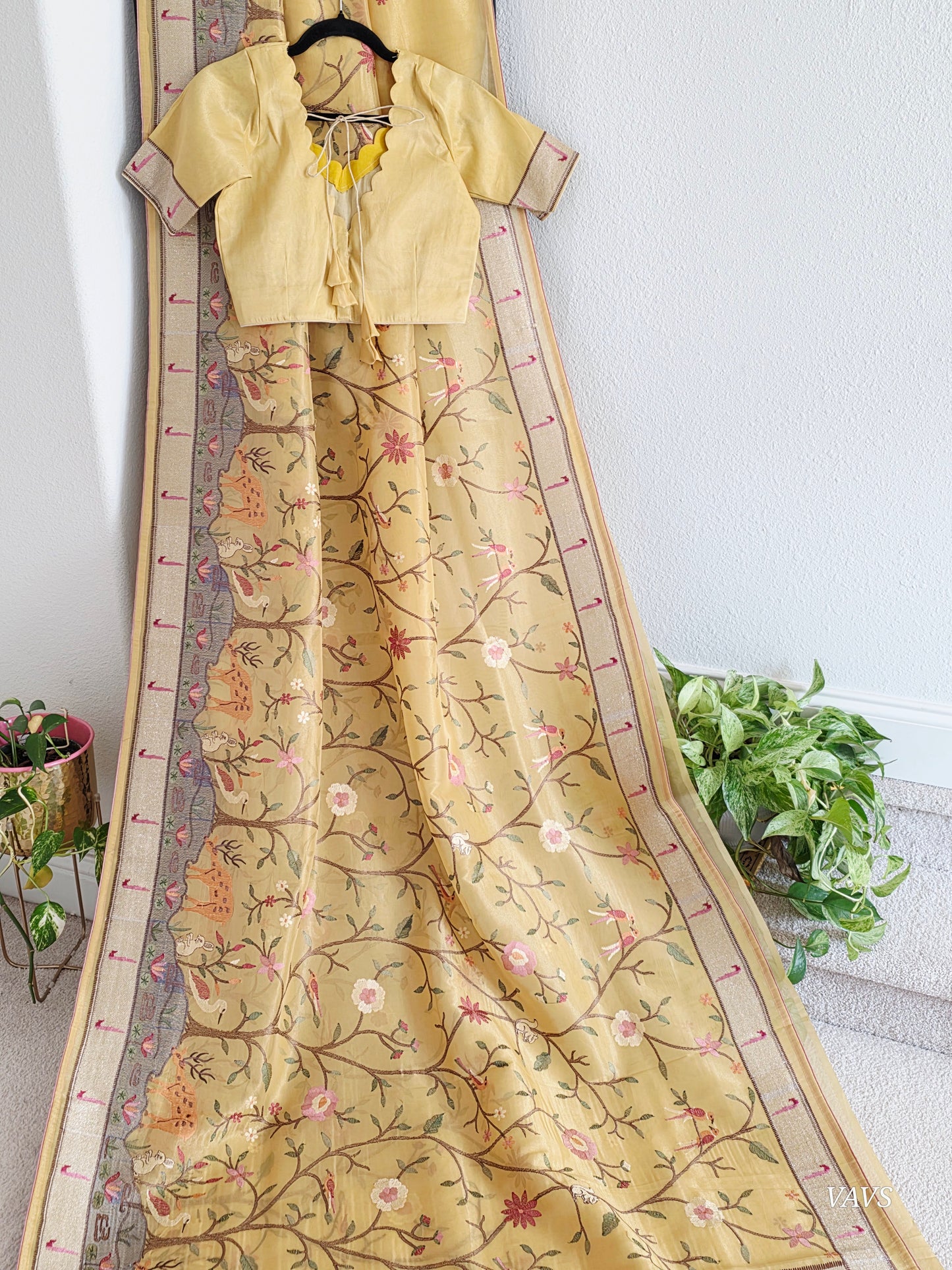Soft 1g Tissue Saree in Light Mustard Yellow with Whimsical Forest Embroidery