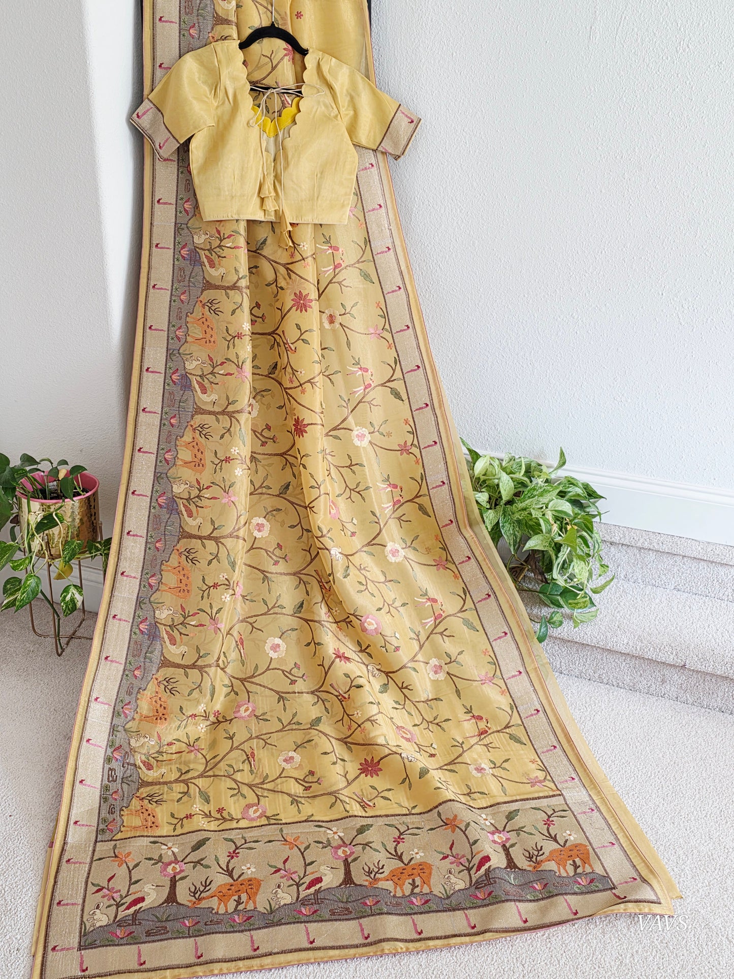 Soft 1g Tissue Saree in Light Mustard Yellow with Whimsical Forest Embroidery