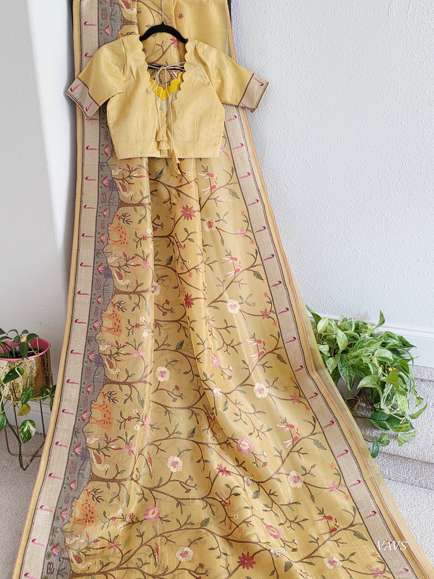 Soft 1g Tissue Saree in Light Mustard Yellow with Whimsical Forest Embroidery