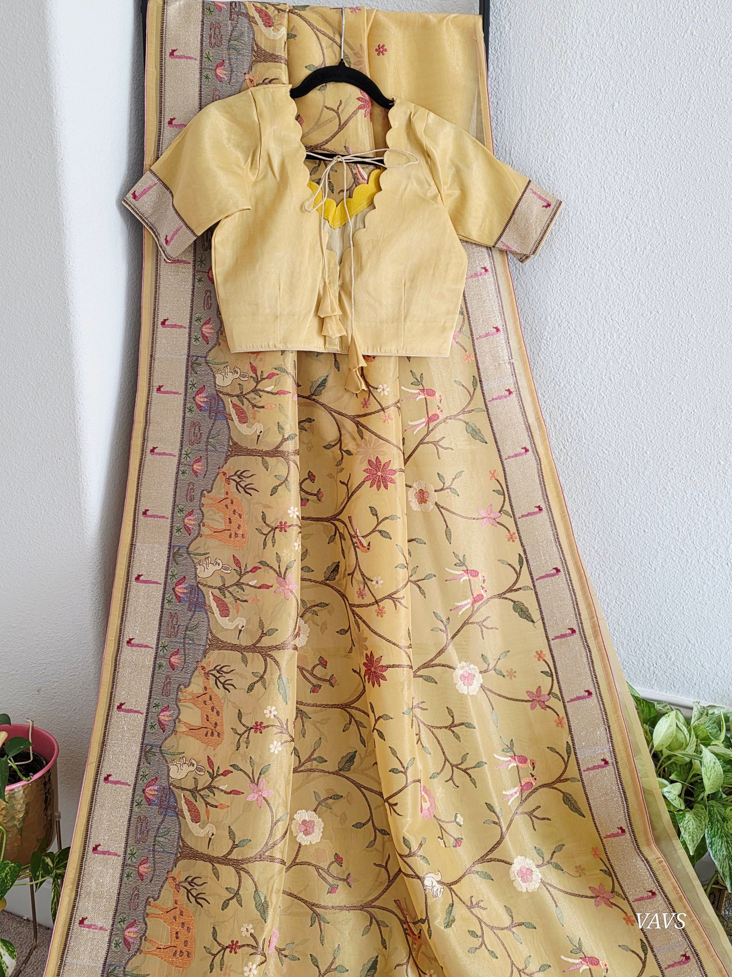 Soft 1g Tissue Saree in Light Mustard Yellow with Whimsical Forest Embroidery