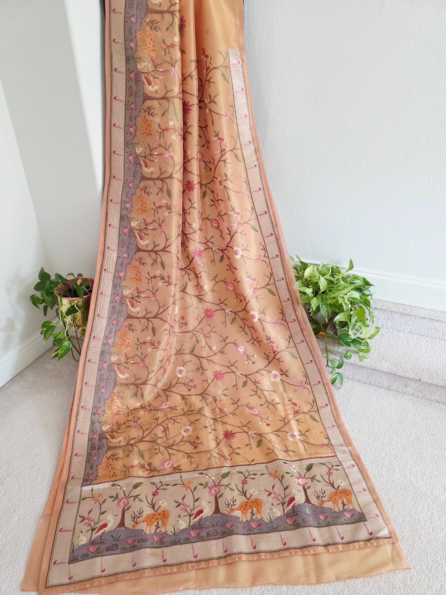 Soft 1g Tissue Saree in Peach Blush with Whimsical Forest Embroidery