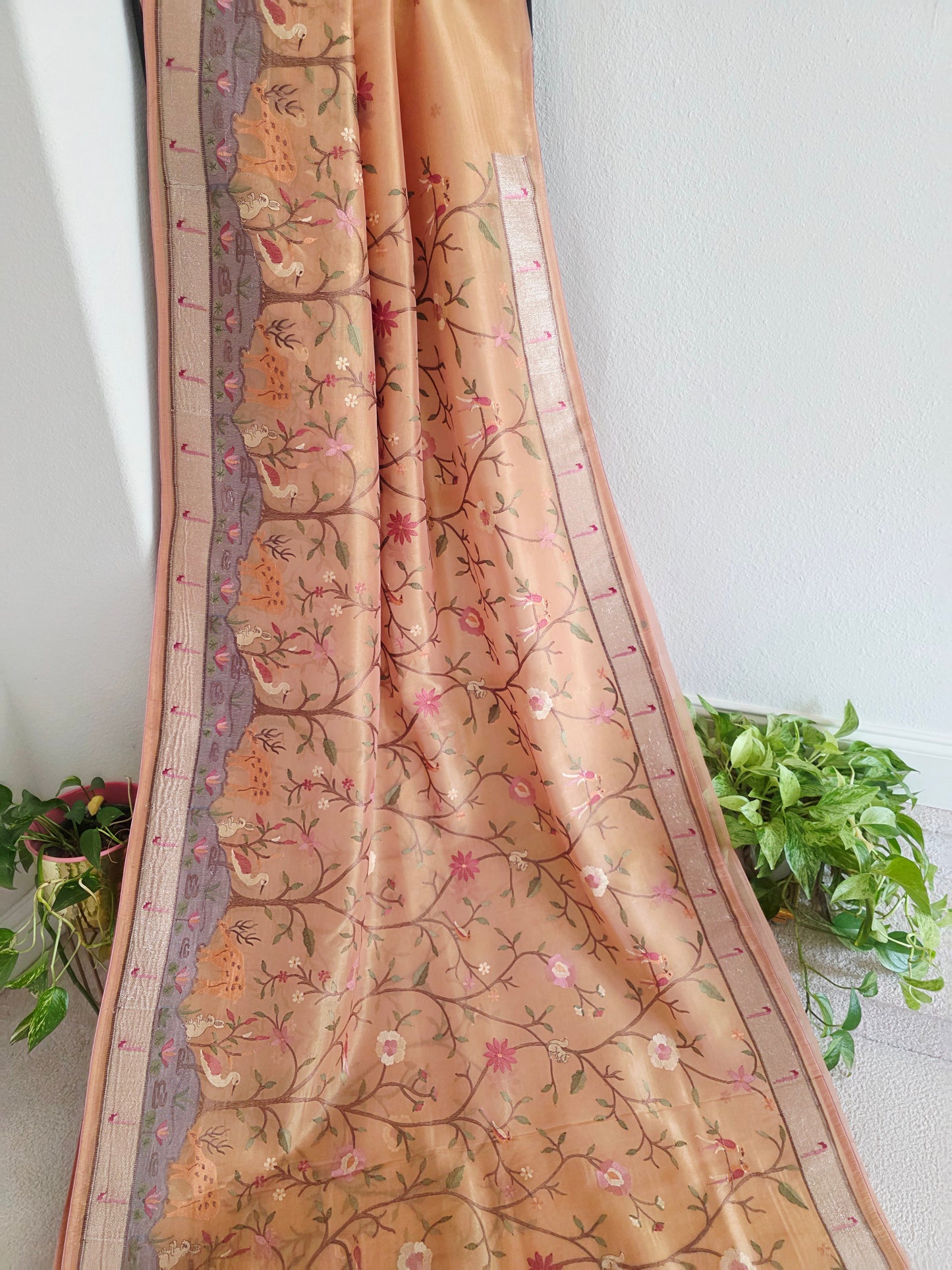 Soft 1g Tissue Saree in Peach Blush with Whimsical Forest Embroidery