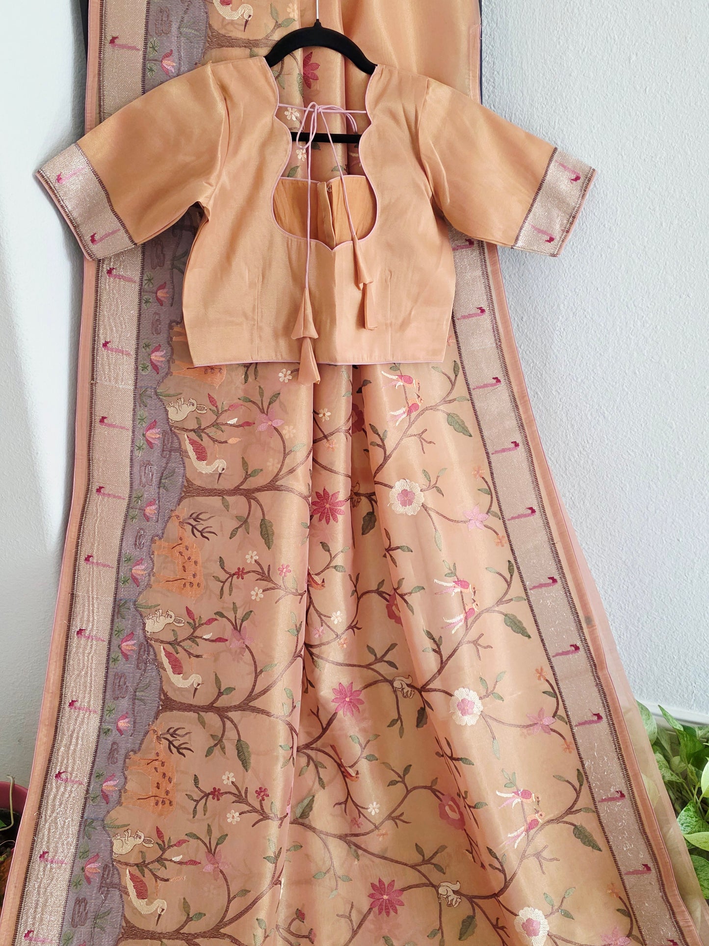 Soft 1g Tissue Saree in Peach Blush with Whimsical Forest Embroidery