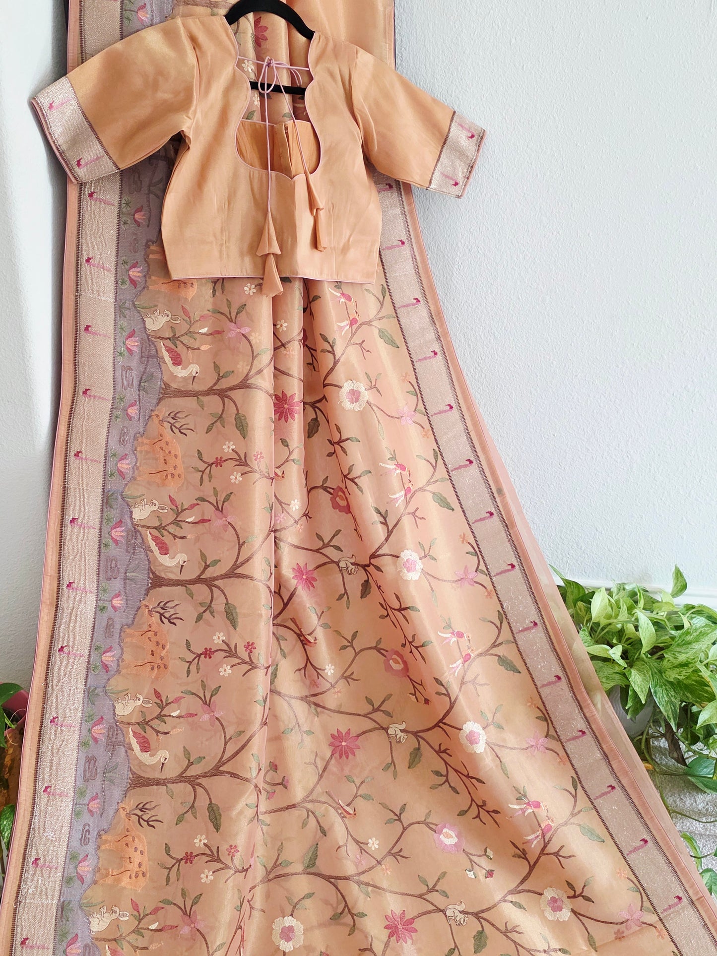 Soft 1g Tissue Saree in Peach Blush with Whimsical Forest Embroidery