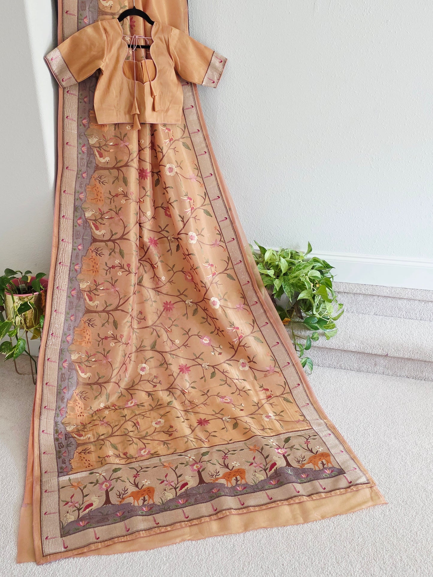 Soft 1g Tissue Saree in Peach Blush with Whimsical Forest Embroidery