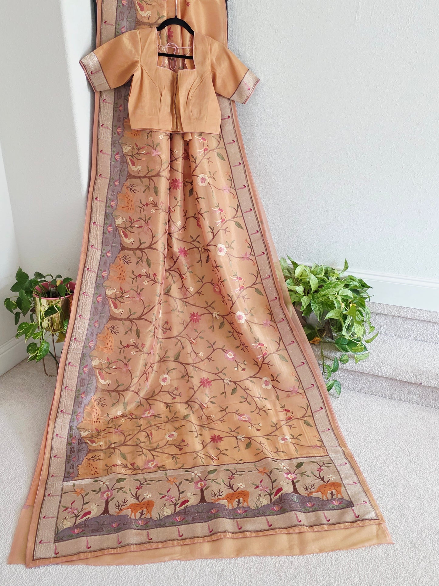 Soft 1g Tissue Saree in Peach Blush with Whimsical Forest Embroidery
