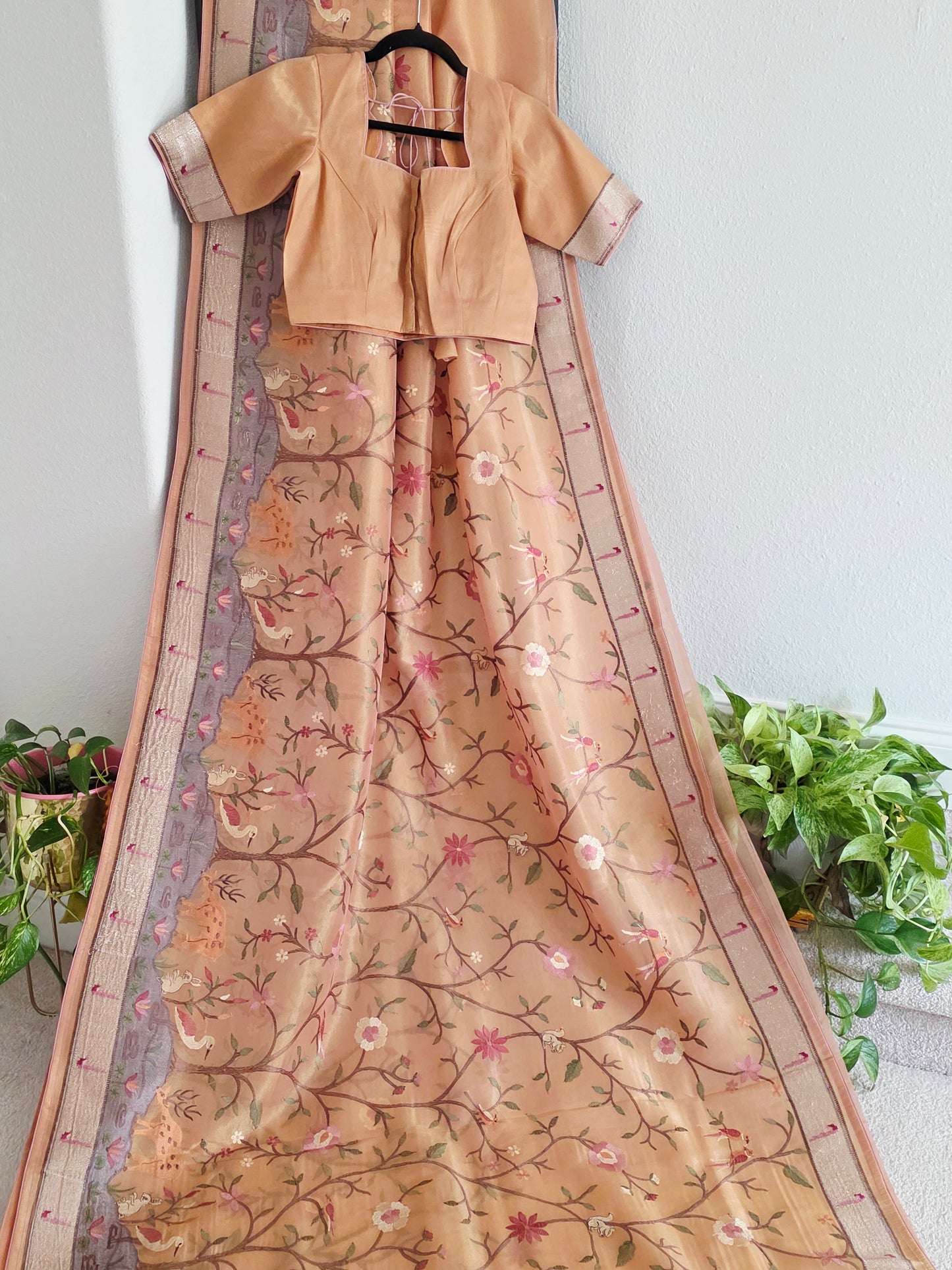 Soft 1g Tissue Saree in Peach Blush with Whimsical Forest Embroidery
