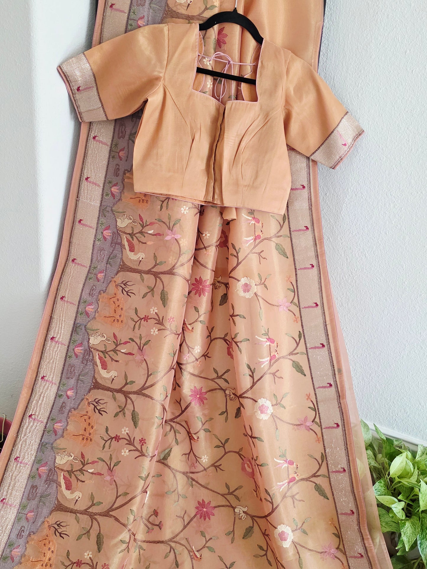 Soft 1g Tissue Saree in Peach Blush with Whimsical Forest Embroidery