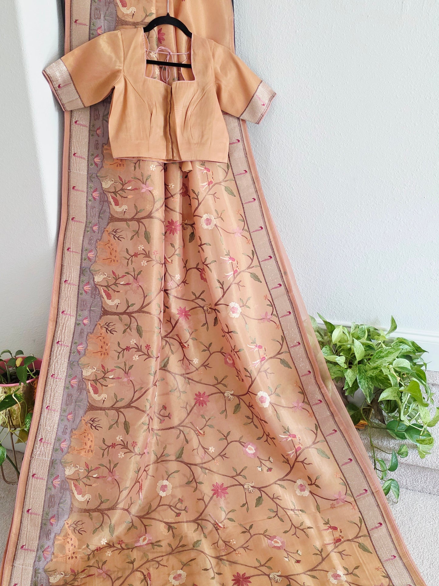 Soft 1g Tissue Saree in Peach Blush with Whimsical Forest Embroidery