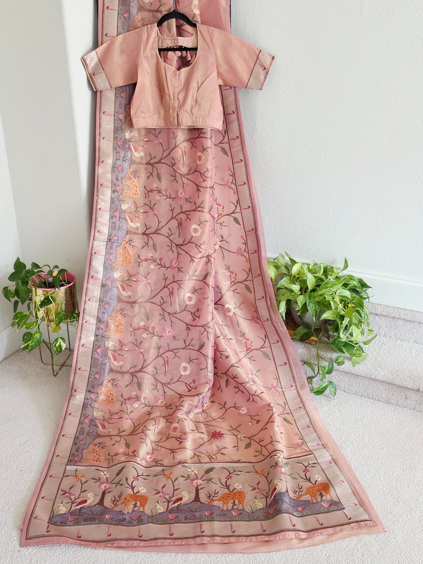 Soft 1g Tissue Saree in Blush Pink with Whimsical Forest Embroidery