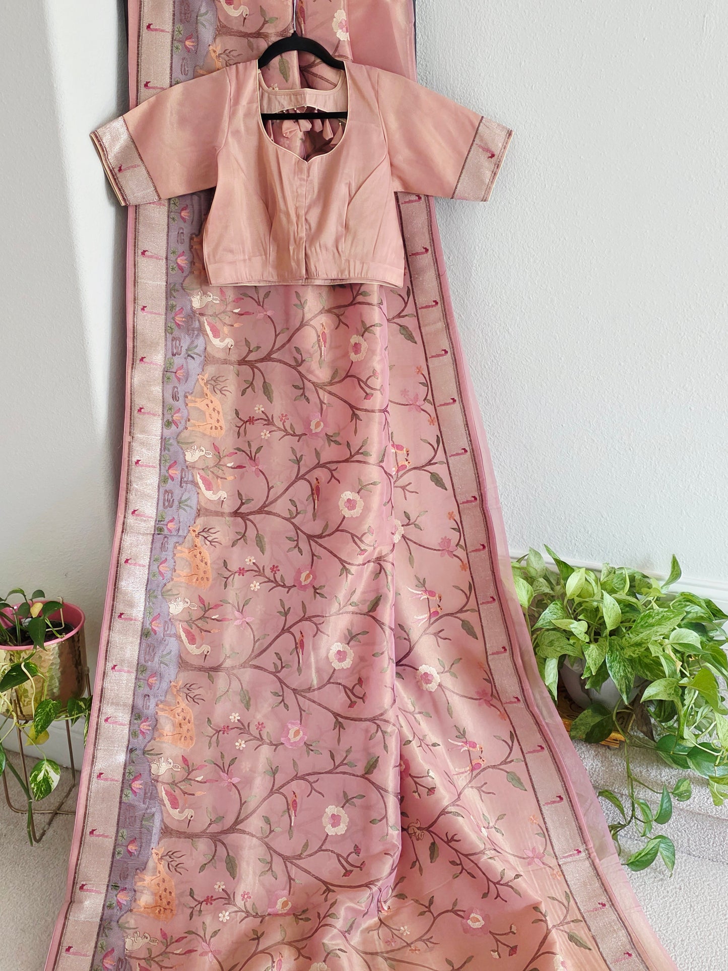 Soft 1g Tissue Saree in Blush Pink with Whimsical Forest Embroidery