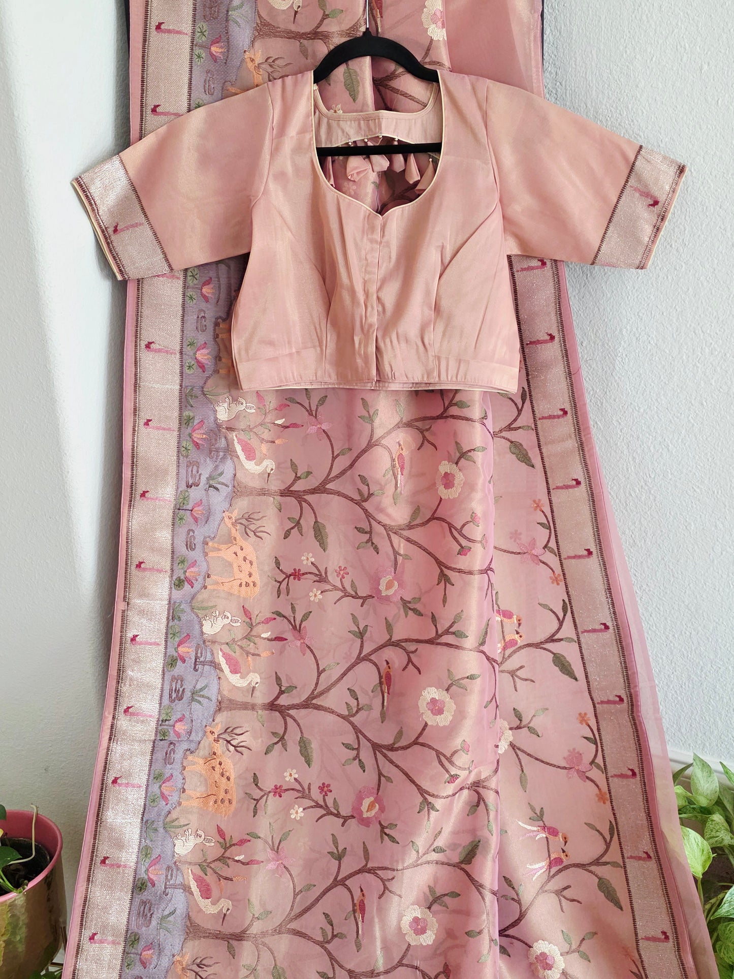 Soft 1g Tissue Saree in Blush Pink with Whimsical Forest Embroidery