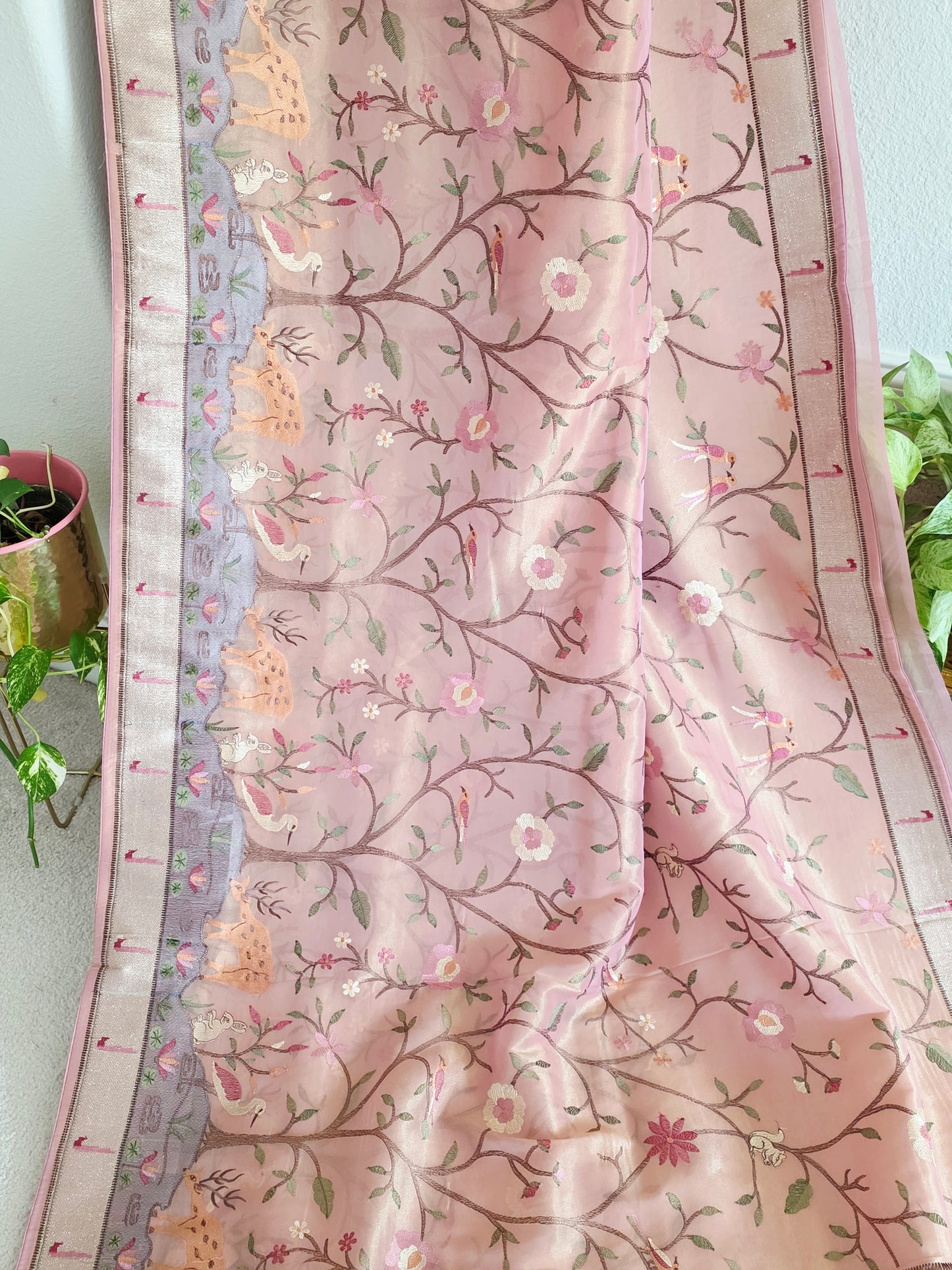Soft 1g Tissue Saree in Blush Pink with Whimsical Forest Embroidery