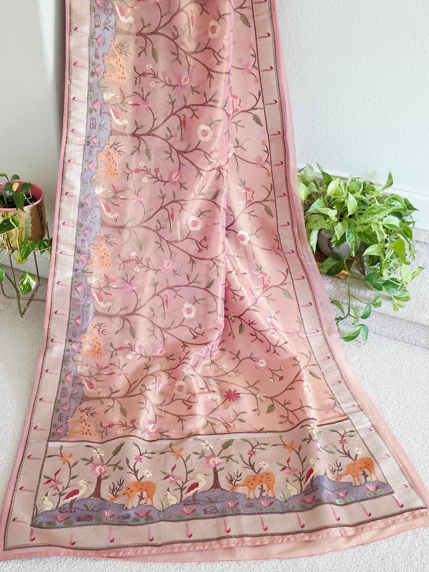 Soft 1g Tissue Saree in Blush Pink with Whimsical Forest Embroidery