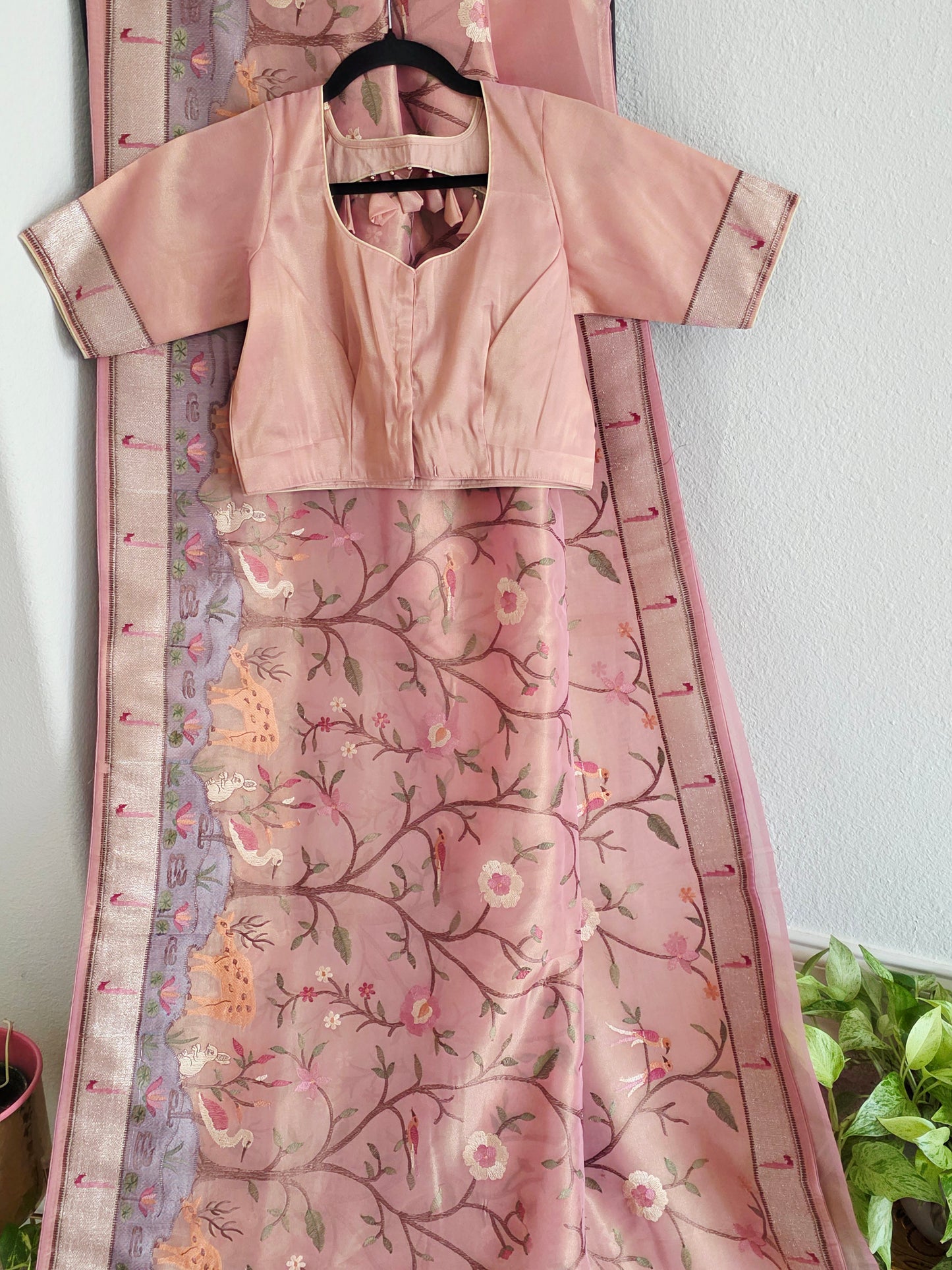 Soft 1g Tissue Saree in Blush Pink with Whimsical Forest Embroidery