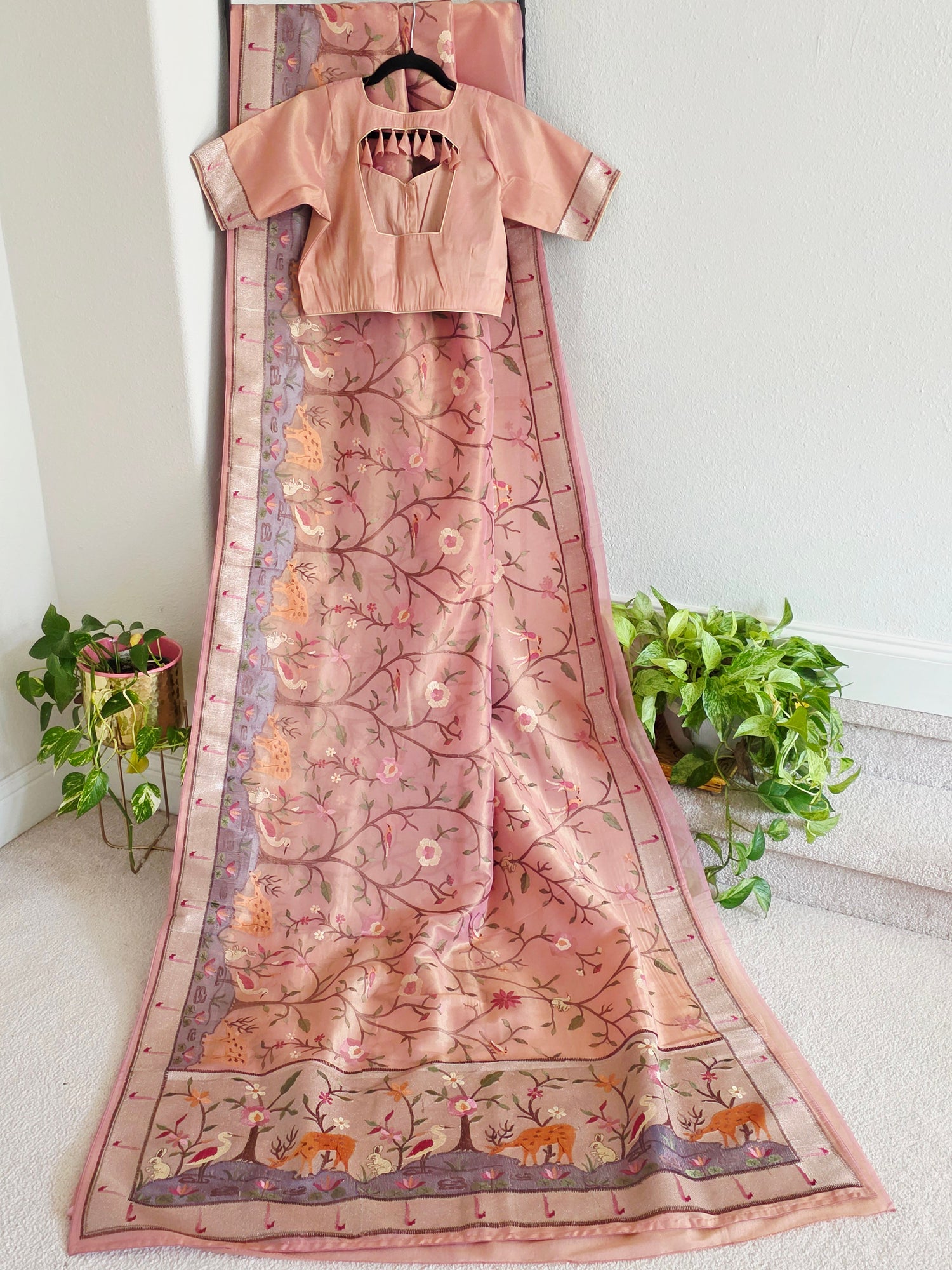 Soft 1g Tissue Saree in Blush Pink with Whimsical Forest Embroidery | Size 38–44 | Ready to Wear