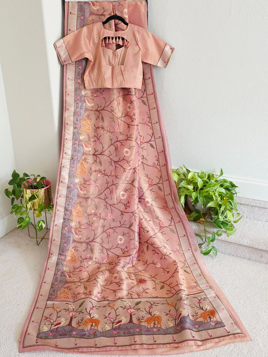 Soft 1g Tissue Saree in Blush Pink with Whimsical Forest Embroidery | Size 38–44 | Ready to Wear
