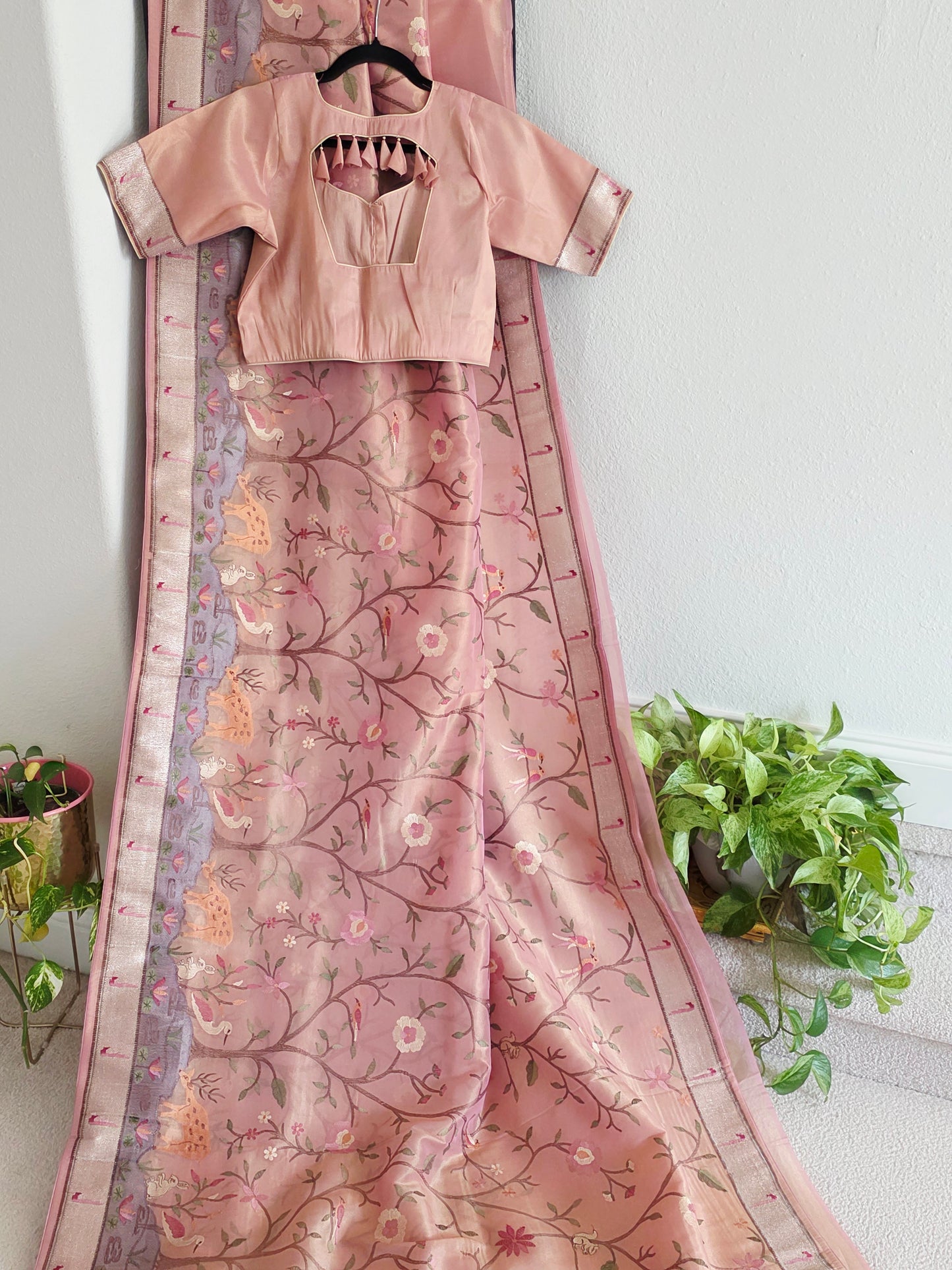 Soft 1g Tissue Saree in Blush Pink with Whimsical Forest Embroidery