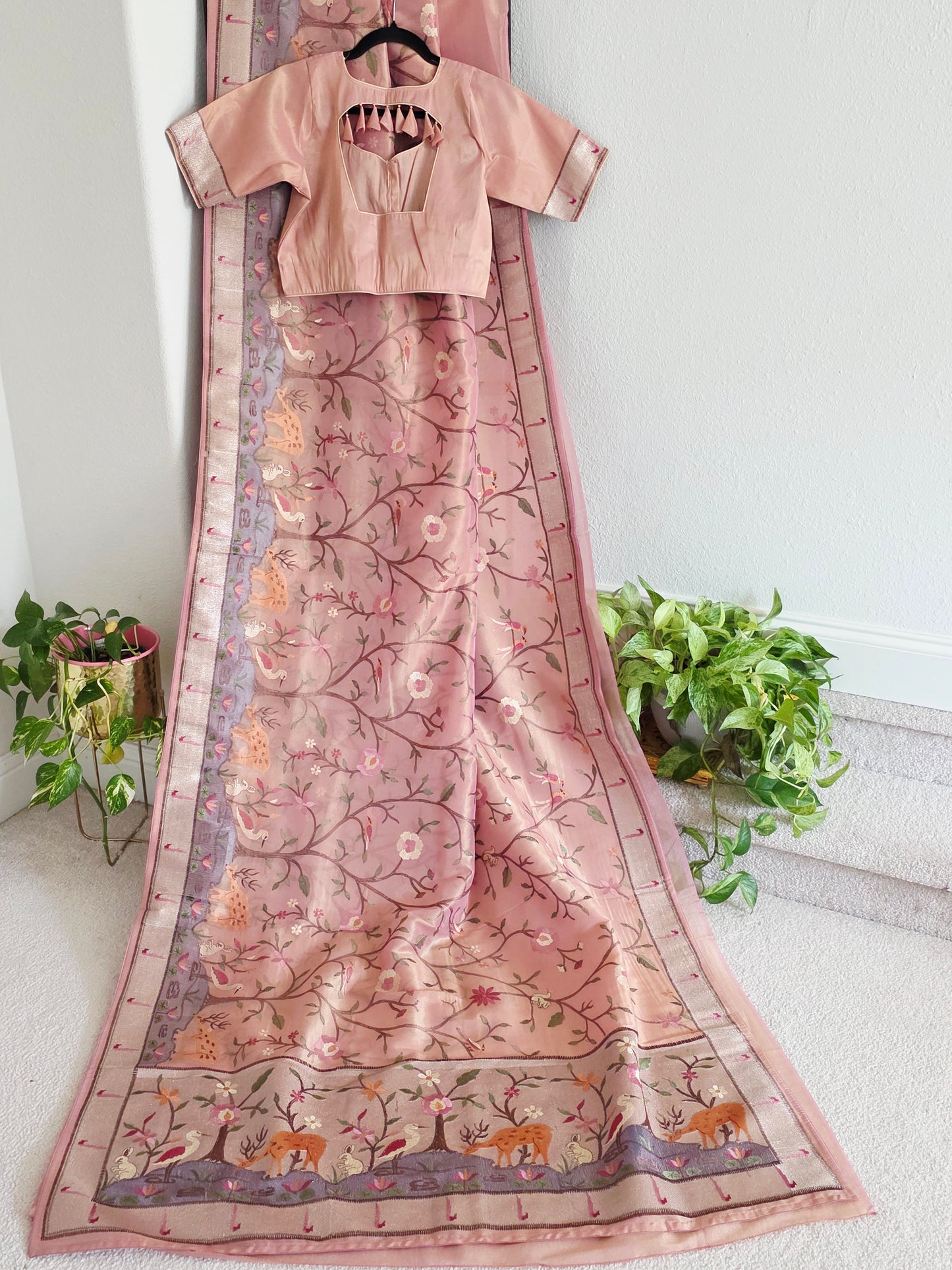 Soft 1g Tissue Saree in Blush Pink with Whimsical Forest Embroidery