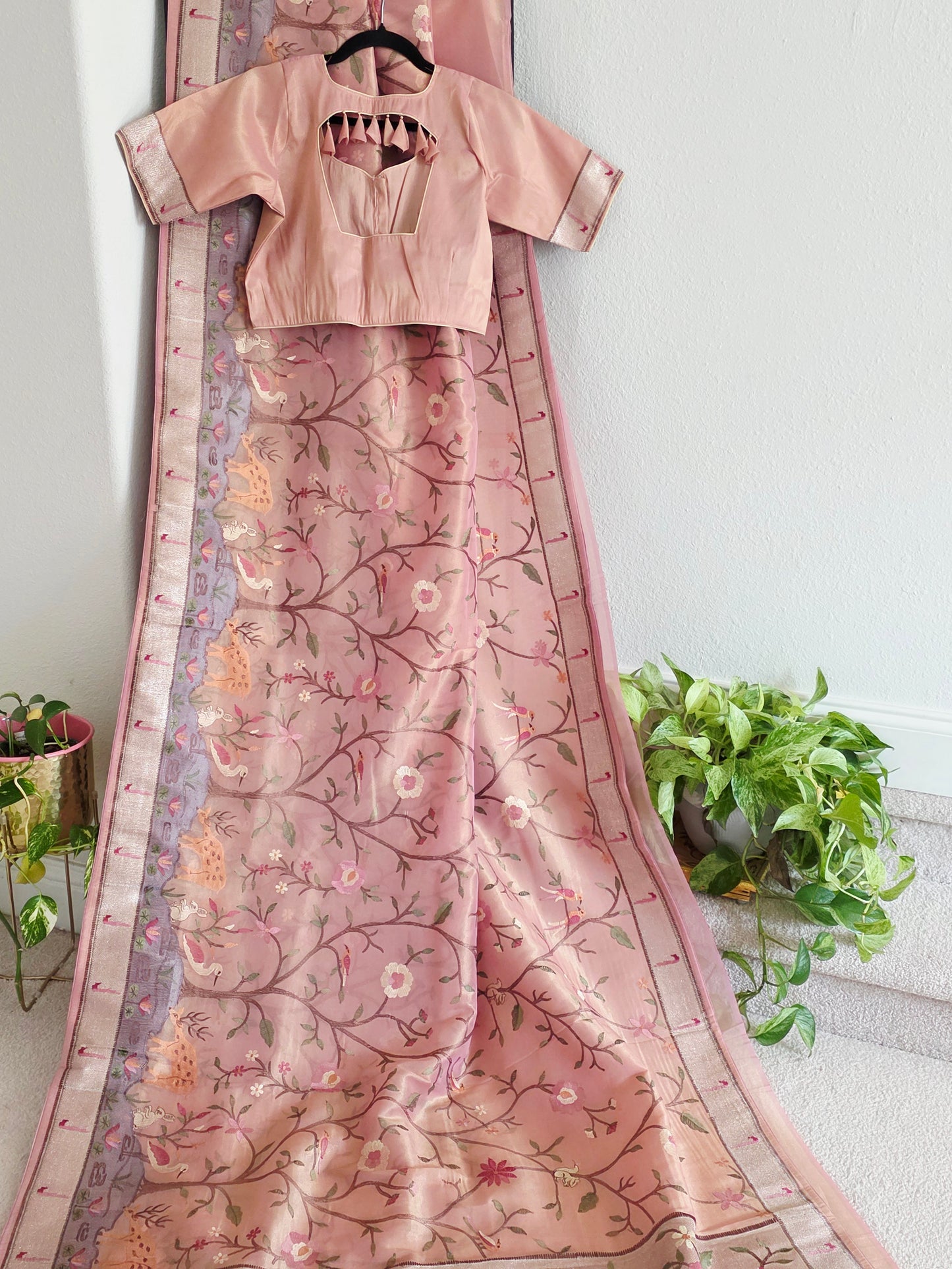 Soft 1g Tissue Saree in Blush Pink with Whimsical Forest Embroidery