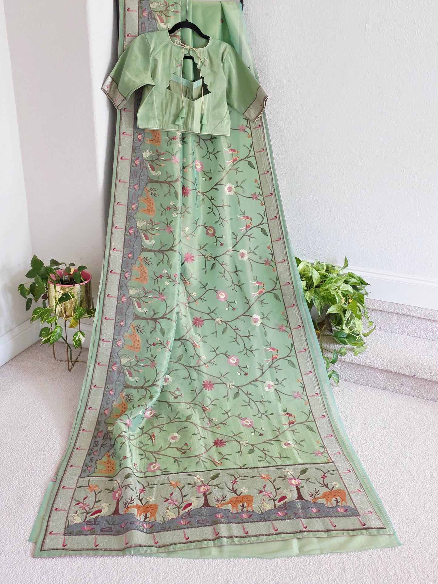 Soft 1g Tissue Saree in Sage Green with Whimsical Forest Embroidery | Size 40–46 | Ready to Wear