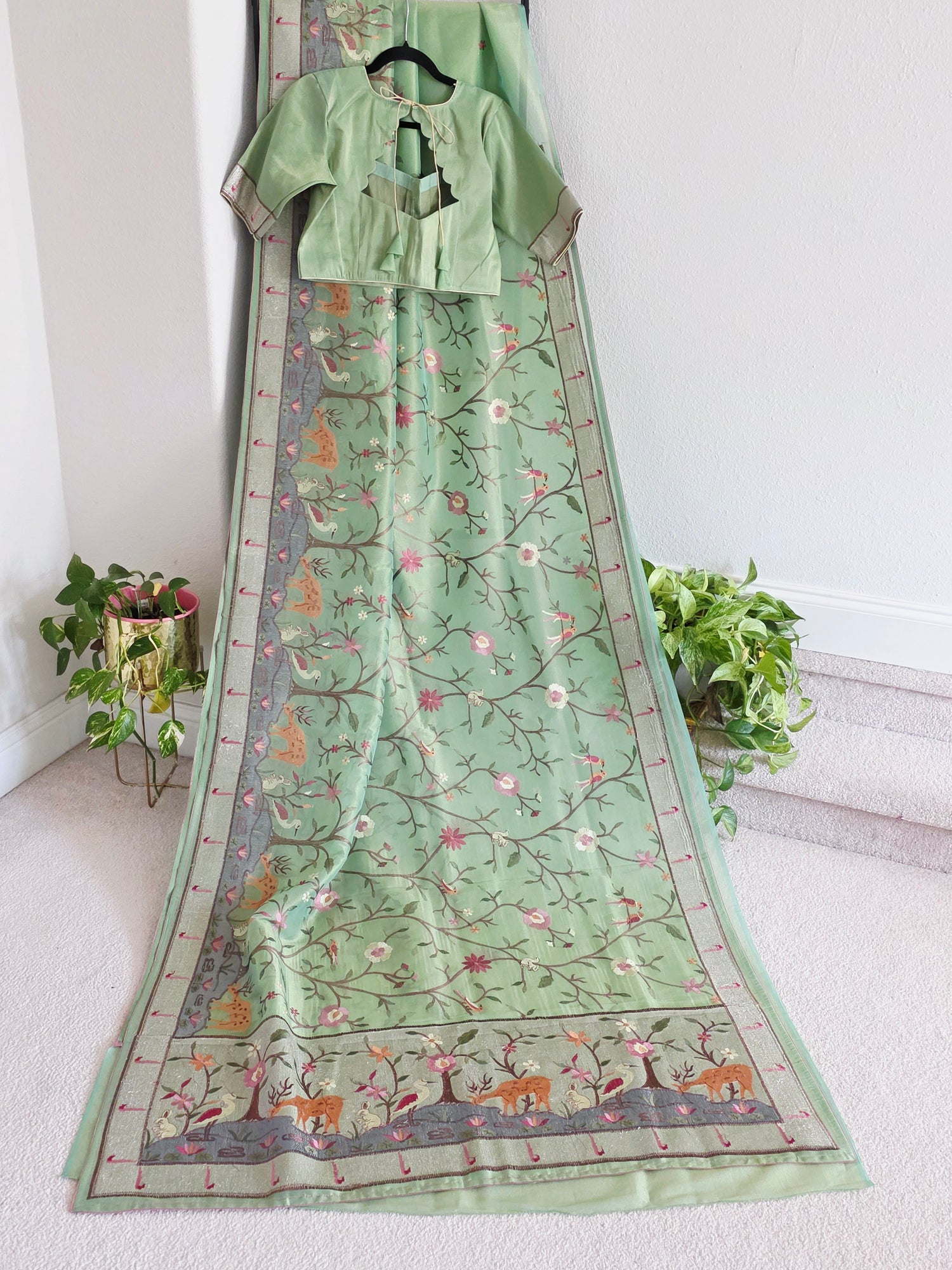 Soft 1g Tissue Saree in Sage Green with Whimsical Forest Embroidery | Size 40–46 | Ready to Wear