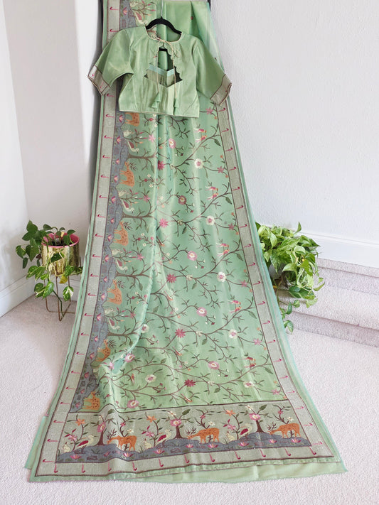 Soft 1g Tissue Saree in Sage Green with Whimsical Forest Embroidery | Size 40–46 | Ready to Wear