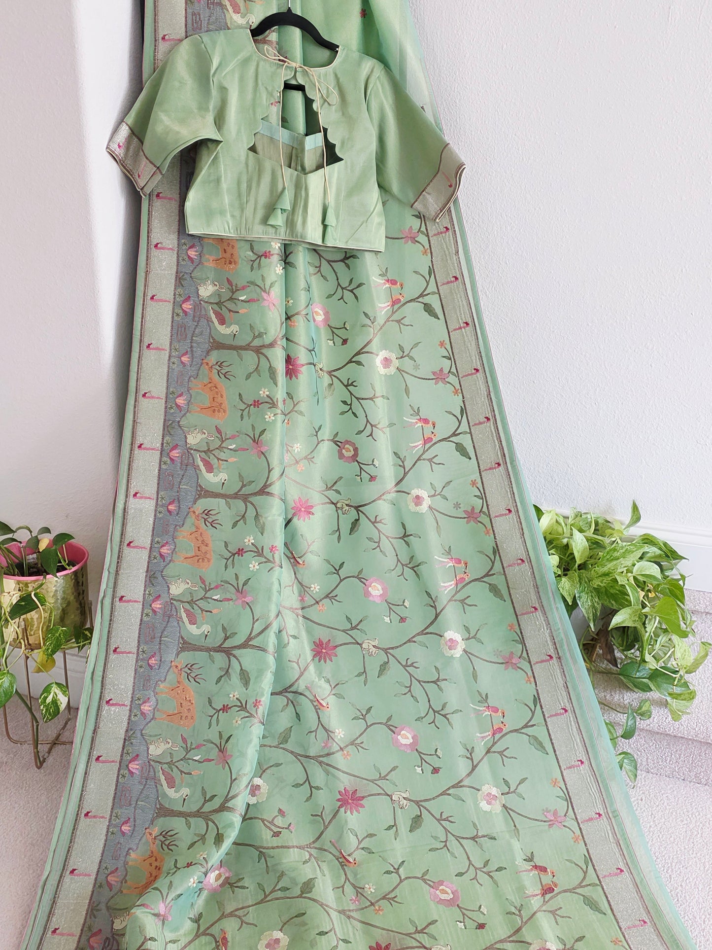 Soft 1g Tissue Saree in Sage Green with Whimsical Forest Embroidery