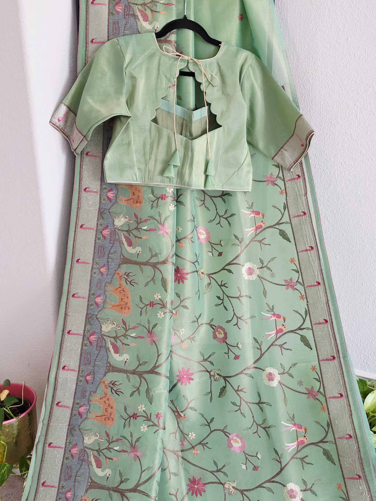 Soft 1g Tissue Saree in Sage Green with Whimsical Forest Embroidery