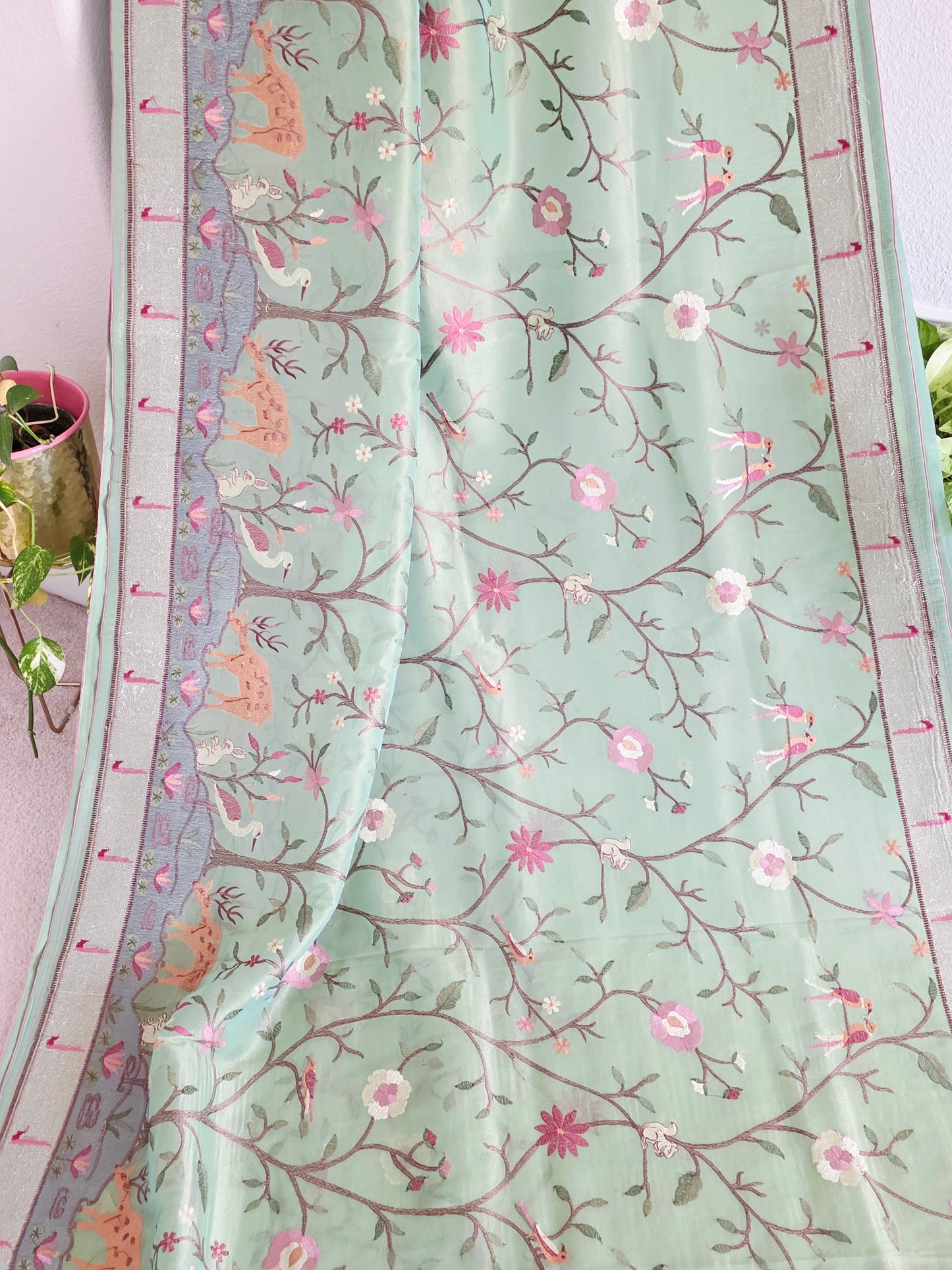 Soft 1g Tissue Saree in Sage Green with Whimsical Forest Embroidery