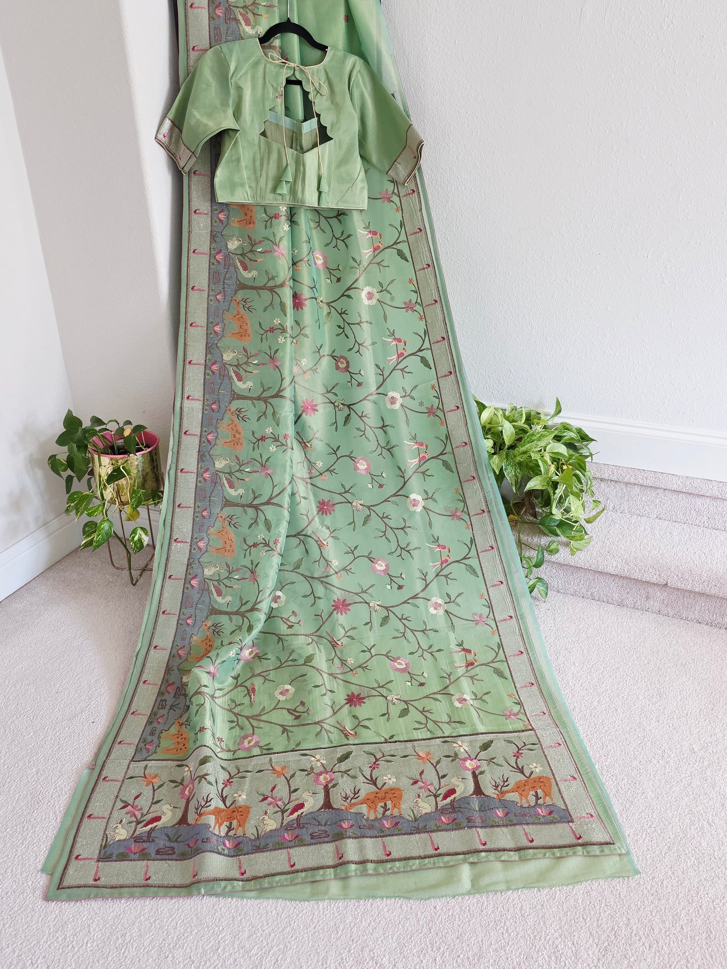 Soft 1g Tissue Saree in Sage Green with Whimsical Forest Embroidery