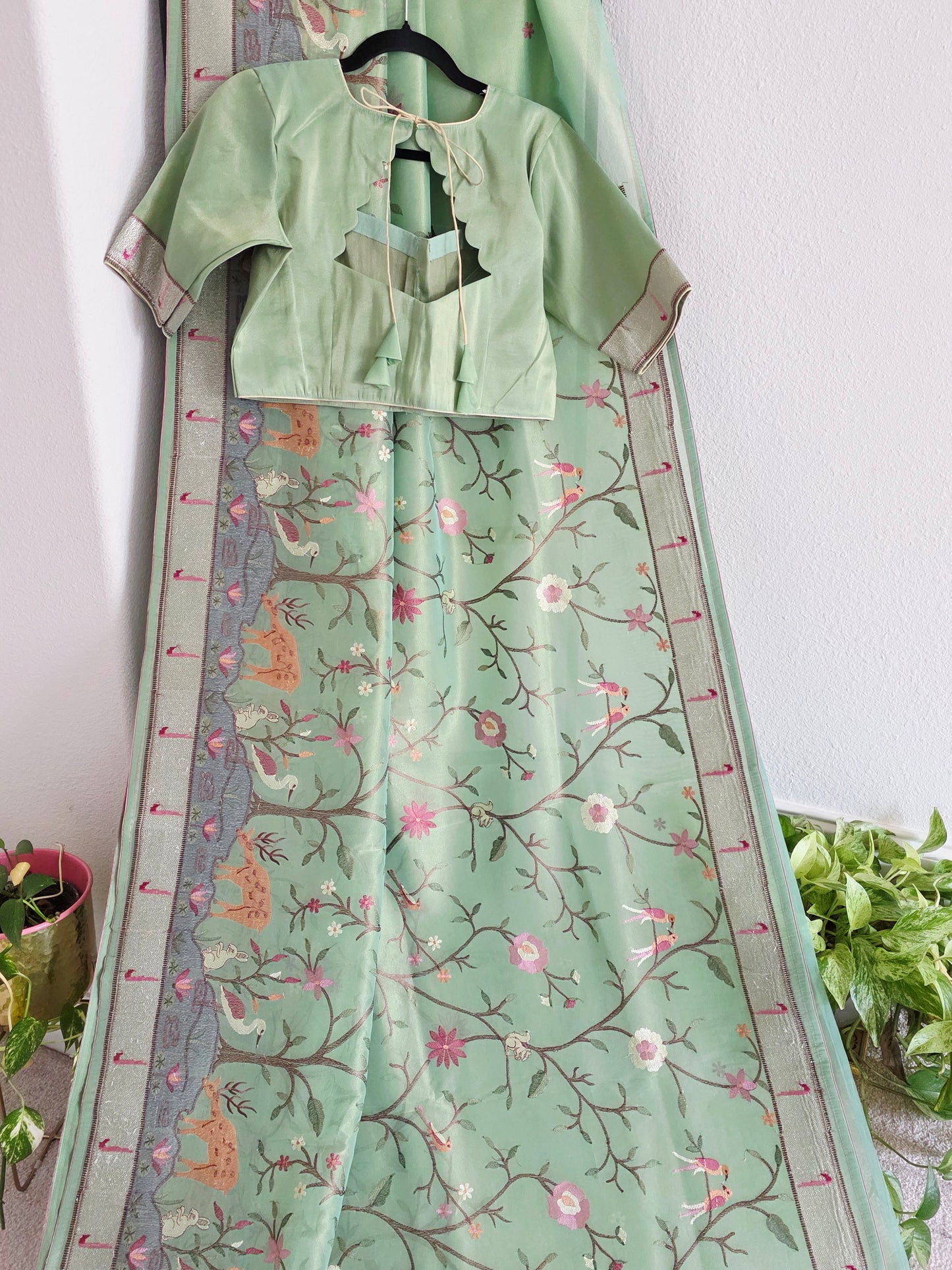 Soft 1g Tissue Saree in Sage Green with Whimsical Forest Embroidery