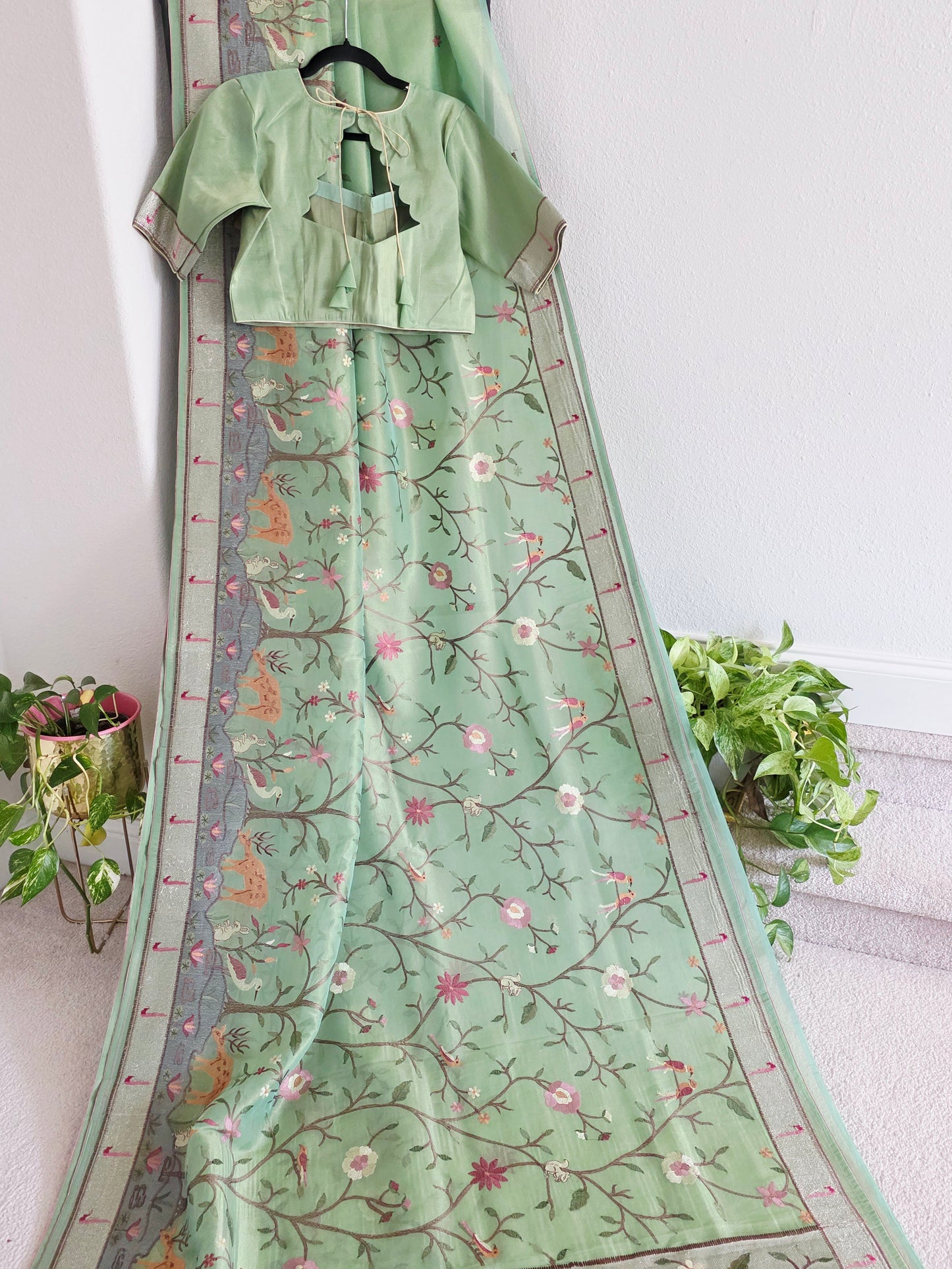 Soft 1g Tissue Saree in Sage Green with Whimsical Forest Embroidery