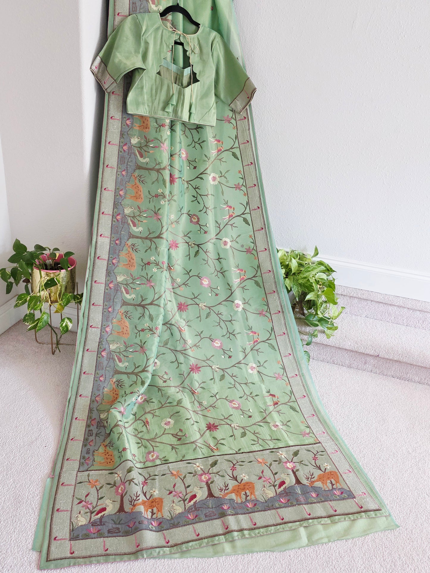 Soft 1g Tissue Saree in Sage Green with Whimsical Forest Embroidery