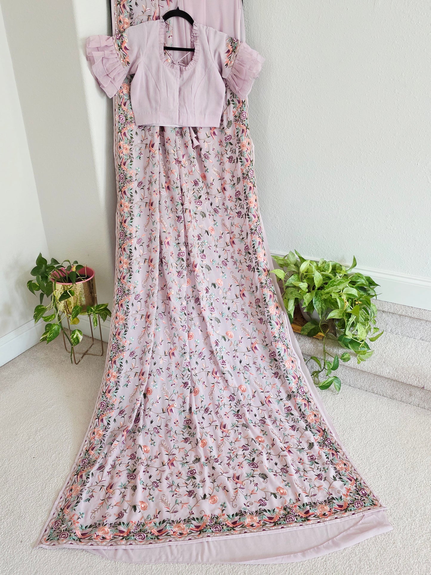 Parsi Gara Viscose Georgette Saree in Pastel Blush Pink with Multicolor Floral Embroidery