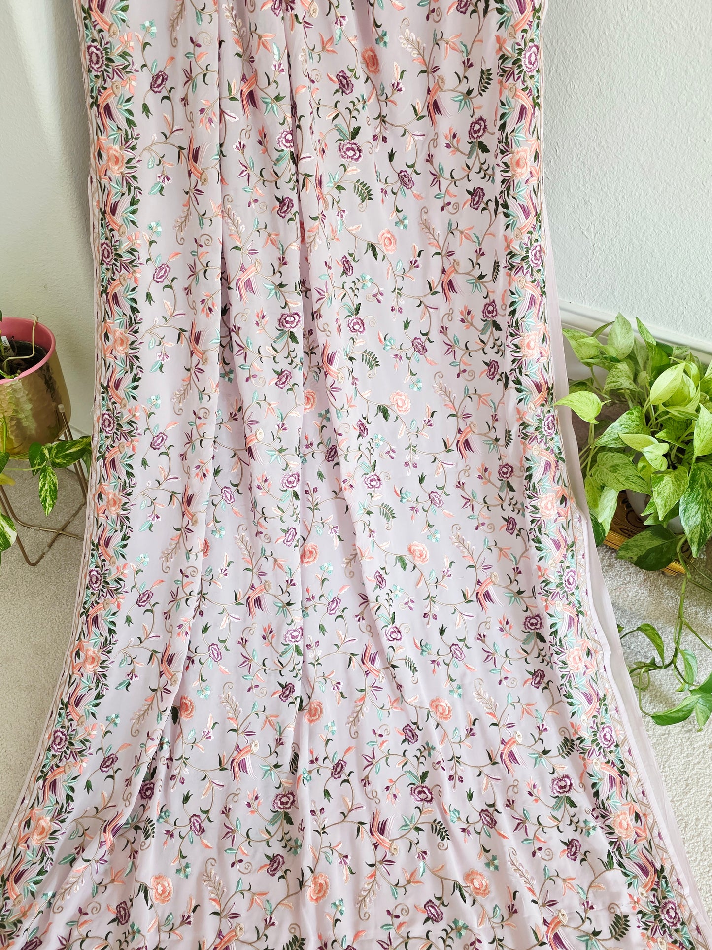 Parsi Gara Viscose Georgette Saree in Pastel Blush Pink with Multicolor Floral Embroidery
